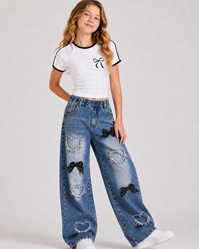 Azmxynol Tween Girl Clothes Short Sleeve Top + Butterfly Design Jeans 2 Pieces Spring Summer Outfit Set, Size 6-14 Years thumbnail 5