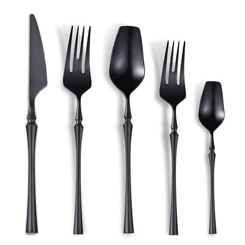 Lemeya 20-Piece Matte Black Silverware Set for 4,Modern 18/10 Stainless Steel Flatware Set,Unique Rustic Cutlery Utensils Set,Spoon and Fork Set for Home, Restaurant,Mirror Polished,Dishwasher Safe - Matte Black 20 Pieces Set with Tea Spoon - Image 1