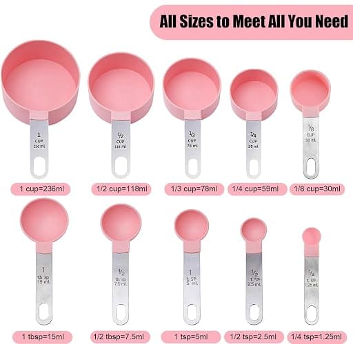 Measuring Cups and Spoons Set, 10-Piece Stackable Kitchen Tools with Stainless Steel Handles, Nesting Measurement Gadgets for Cooking & Baking (pink) thumbnail 3