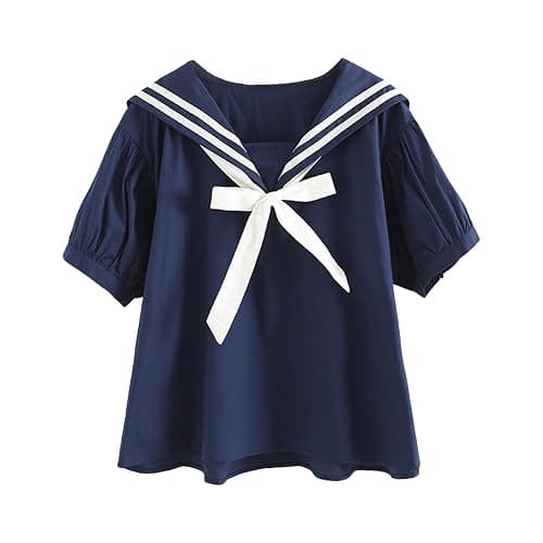Women's Preppy Style Short Sleeve Sailor Collar Blouse Bow Knot Summer Casual Loose Shirt Uniform Shirt Sailor Collar Necktie Loose Blouse Tops - Image 1