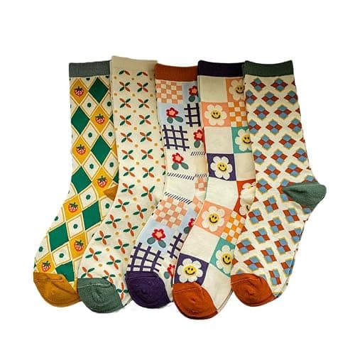 FORJMMP 5/10 Pairs Cute Floral Socks, Cottagecore Crew socks, Smiley Face Colorful Socks for Women Girls thumbnail 5