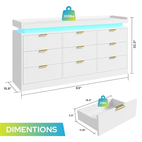 knoworld 9 Drawer Dresser for Bedroom, White Dresser with LED Lights and Power Outlet, Large Wooden Dressers Modern Chest of Drawers, Triple Wide 9 Drawer Dressers for Bedroom, Entryway, Hallway thumbnail 2