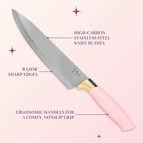 Paris Hilton 12-Piece Knife Set with Block, High-Carbon Stainless Steel Cutlery, Precision Blades and Ergonomic Handles, Pink thumbnail 3