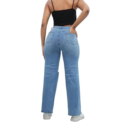 THUNDER STAR Womens High Waisted Wide Leg Jeans Stretchy Distressed Denim Pants thumbnail 5