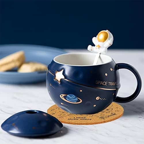 Yalucky Kawaii Astronaut Cup Space Embossed Planet Mug, Cute Ceramic Coffee Mug, Novelty Mug with Lid and Spoon for Coffee, Tea, Milk, Aesthetic Room Decor Funny Gift for Girl Boy Women (Dark blue) thumbnail 7