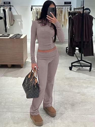 AYWA Women's 2 Piece Outfits Foldover Flare Pants Long Sleeve Crew Neck T-shirt Fitted Pajama Sets thumbnail 3