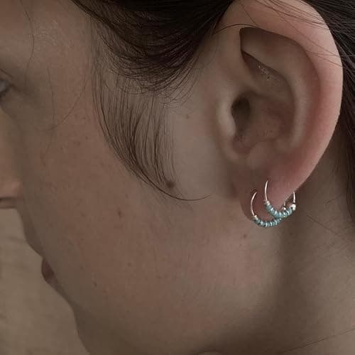 Handmade Silver Pair Small 10MM Cartilgae Helix Piercing Beaded Hoop Earrings, 925 Sterling Silver, Thin 22Gauge Turquoise Color Beads Hoops for women, By Miya Jewelry Creations thumbnail 7