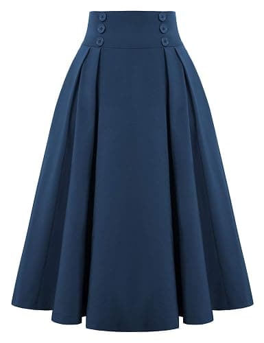 Belle Poque Women's Vintage High Waist Pleated Midi A-Line Skirt with Pockets - Image 1