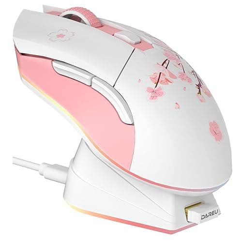 DAREU Sakura Pink Gaming Maus Kabellose mit Magnetic Charging Dock Wiederaufladbar RGB,12K DPI, 6 Programmierbare Tasten, Hochpräziser Sensor 300IPS 1000Hz für PC Notebook Mac - Image 1