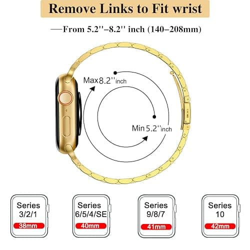MioHHR Slim Metal Band Compatible with Apple Watch Bands 42/41/40/38mm | Thin Luxury Stainless Steel iWatch Bands Series 11/10/9/8/7/6/5/4/3/2/1/SE3/SE2/SE for Women,Gold thumbnail 6