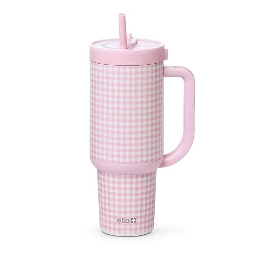 Ello Oasis 30 oz Tumbler with Handle & Retracting Straw | Reusable Insulated Stainless Steel Cup 100% Leakproof, Gifts for Teens Women Men | Keeps cold for 24 Hours, Cup Holder Friendly, Pink Gingham - Image 1