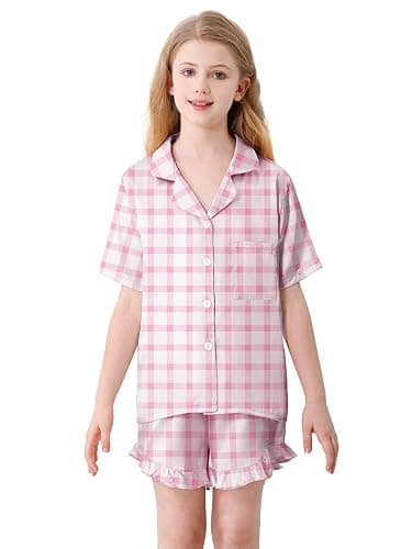 Umeyda Girls & Women Satin Pajamas Set Button Down 2 Piece Silk Pjs Shorts Set Ruffle Sleepwear, 5 Years-Women L thumbnail 2