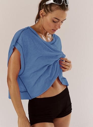 Kumufenc Women Short Sleeve Workout Shirts Open Back Tops Casual Yoga Y2k Athletic Gym Slouchy Crop Running Tees thumbnail 4