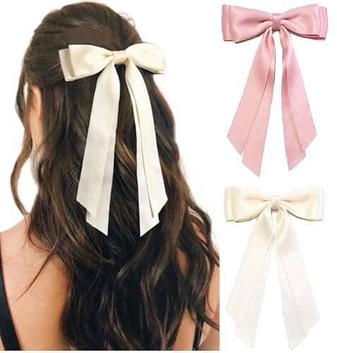 Hair Bows for Women Bow Clips Cute Ribbons Girls Ribbon Bows BowKnot Barrettes Tassel Bow Clips Fashion Hair Accessories for Women, Pink & Beige - Image 1