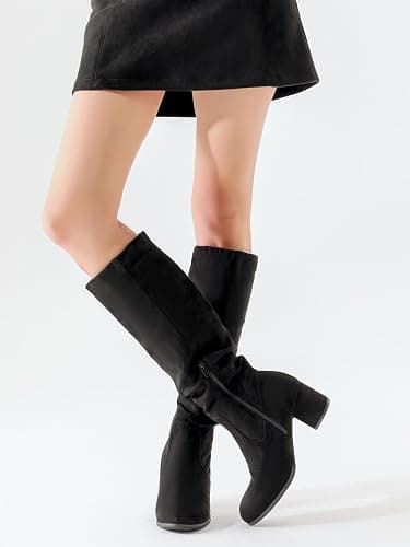 Shoe'N Tale Women's Knee High Boots Chunky Heel Pointed Toe Suede Slouch Winter Shoes with Side Zipper thumbnail 5
