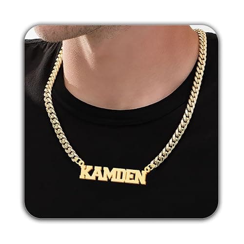 Elemtansy Custom Name Necklace for Men, 18K Gold-Plated Name Necklaces with Curb/Figaro Chain, Personalized Bithday Gifts for Men - Image 1