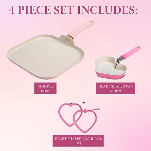 Paris Hilton Breakfast Ceramic Nonstick Cookware Set, Includes Square Griddle, Mini Heart Shaped Fry Pan and Two Silicone Heart Shaped Egg Rings, 4-Piece Set, Pink thumbnail 6
