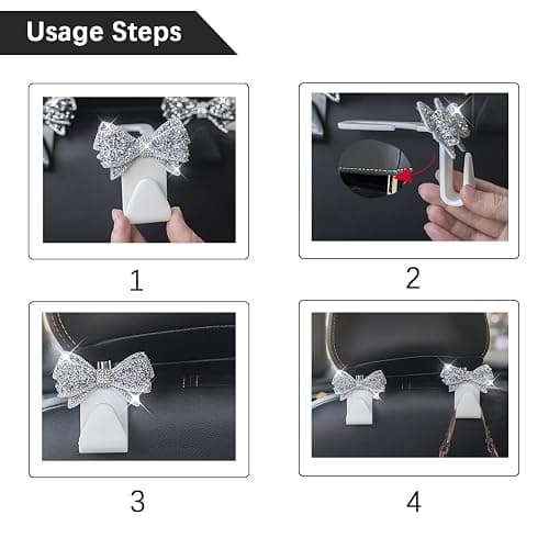 Zpana 2PCS Bling Car Headreat Hook, Crystal Rhinestone Cute Bow, Black | PVC construction, rhinestone bow design, compact rear seat storage, fits most cars, SUVs, and trucks, automotive accessories thumbnail 5