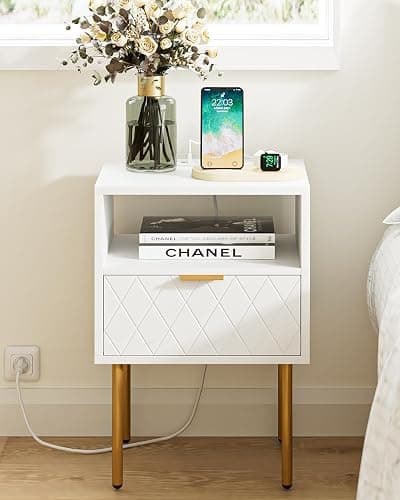AEPOALUA Nightstand,Small Bedside Table with Gold Frame,Morden Night Stand with 1Drawer,End Table,Side Table with Drawer and Shelf for Bedroom,Living Room (Black,Outlet) thumbnail 4
