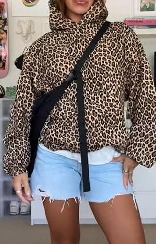 Vhitler Cheetah Print Pullover Sweatshirt Hooded Y2k Graphic Hoodies Oversized Leopard Print Hoodie Streetwear 2000s thumbnail 5