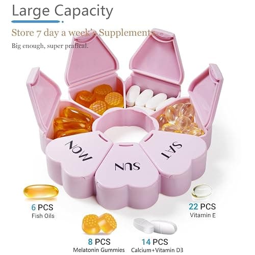 MOLN HYMY Large Weekly Pill Organizer, Girly Pill Box 7 Day, Purple Pink Daily Vitamin Holder for Fish Oil/Medicine/Supplements thumbnail 4