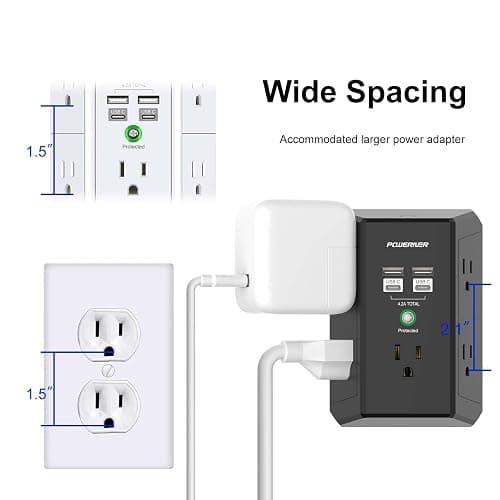 Multi Outlet Extender Surge Protector - POWERIVER Multi Plug Wall Outlet with 5 AC Outlets and 4 USB Ports(2USB C), 1680 Joules, Outlet Splitter for Home School Office, ETL, Black thumbnail 6