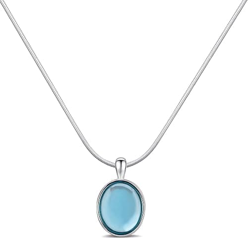 Teppdfann Birthstone Necklace for Women, Silver Chain Oval Gemstone Pendant | Oval Blue Moonstone Red Black Gemstone Necklace Birthstone Jewelry for Daily Wear Birthday Gift - Image 1