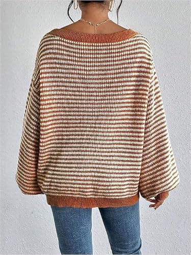 Women's Oversized Striped Sweater Casual Off The Shoulder Sweater Fall Long Sleeve Loose Knit Pullover Jumper Tops thumbnail 6
