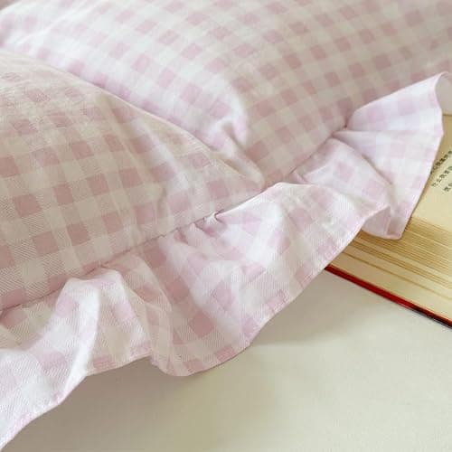NSNLGSGC Pink Gingham Ruffle Duvet Cover Queen Size, 3 Pieces Soft Pre-Washed Microfiber Checked Plaid Comforter Cover Set, Vintage Farmhouse Bedding Set(Pink Gingham, Queen 90"x90") thumbnail 5
