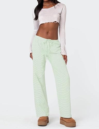 Ugerlov Women's Wide Leg Striped Pants Casual Drawstring Elastic Low Rise Pajama Pants Lounge Wear Trousers thumbnail 5