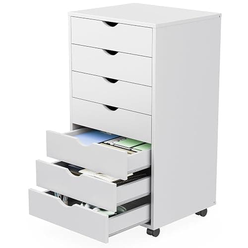 Sweetcrispy 7 Drawer Chest Mobile Storage Cabinets Wooden Dresser with Wheels Room Organization Furniture for Office, Pure White - Image 1