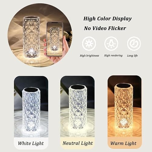 Portable Crystal Table Lamp, 3-Color Touch Control Rechargeable Night Light, Bedside & Desk Lamp for Bedroom, Living Room, Kitchen & Dining Room (3-Color Rose) thumbnail 6