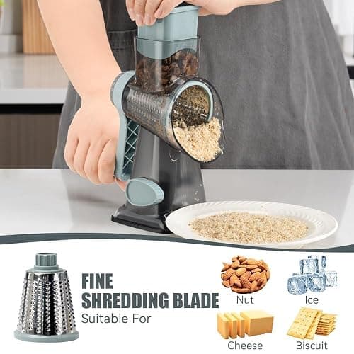 KEOUKE Rotary Cheese Grater Hand Crank Transparent - Shredder Slicer Grinder 3 Stainless Steel Blades, Stable Suction, Labor-Saving Handle, Safe Kitchen Tool for Cheese, Vegetable, Nuts, Chocolate thumbnail 5