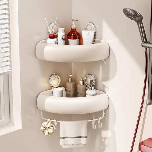 Voldra Corner Shower Caddy Suction Cup, Arc Shower Shelf Coner No Drilling Bathroom Coner Shelves Suction Shower Organiser Rack Adhesive Corner Caddy with Towel Bar Wall Mounted(2-Pack, White) - Image 1