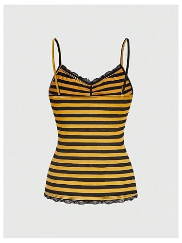 SOLY HUX Women's Striped Lace Trim Camisole Tops Y2k Grunge Alt Tank Top | Sleeveless, V Neck, Slim Fitted, Gothic Style, 2000s thumbnail 3
