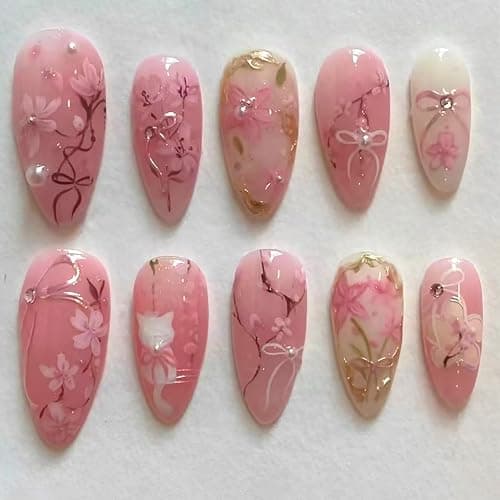 30Pcs Pink Flower Press on Nails Medium Almond Fake Nails Gilding Peach Blossom with Gems Design 3D Pearl Bow False Nails Cute Cat Stick on Nails Handmade Full Cover Artificial Glue on Nails for Women - Image 1