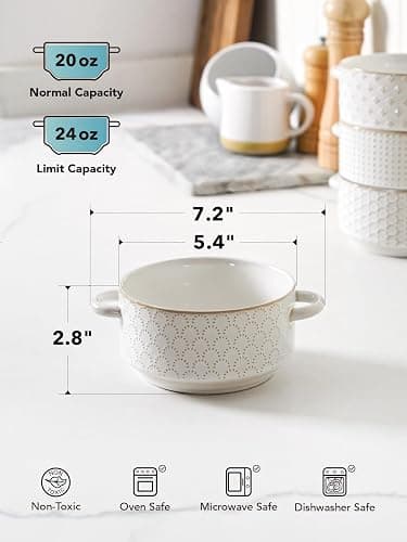 LE TAUCI Soup Bowls with Handles, 20 oz French Onion Soup Crocks, Stackable Soup Bowl Oven Safe for Chili, Beef Stew, Embossment Ceramic Bowl Set - 5.4 Inch, Set of 4, Arctic White thumbnail 3