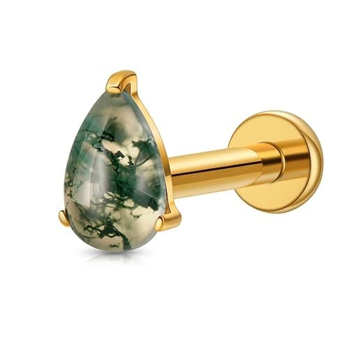 Humorrap 1PC ASTM F136 Titanium Push Pin Moss Agate Stone Flat Back Earrings 16G 8mm for Helix Conch Tragus - Image 1