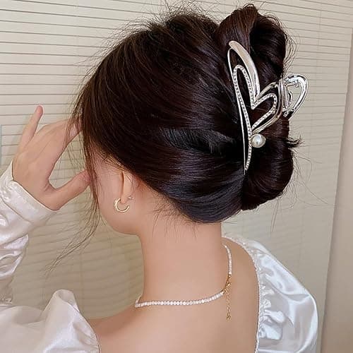 Valentine’s Day Heart Hair Clips for Women, 1Pcs Sliver Heart Rhinestone Pearl Design Hair Claw Clips Large Strong Hold Metal Hair Catch Clip Shiny Nonslip Valentines Party Hair Decoration Accessories thumbnail 5