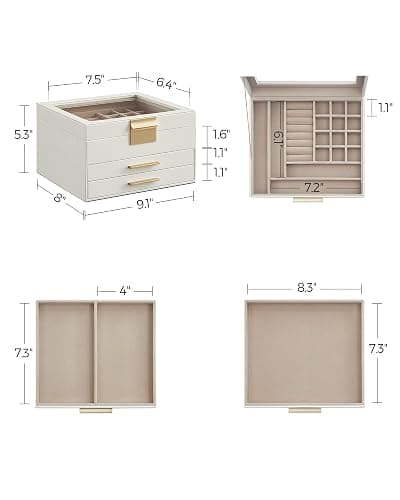 SONGMICS Jewelry Box Organizer, 3-Layer Storage with 2 Drawers, Glass Lid | Jewelry Organizer for Earrings, Modern Style, 8 x 9.1 x 5.3 Inches, Cloud White and Gold, GISELLA Collection UJBC239WT thumbnail 3