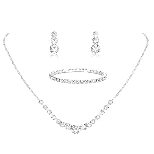 Jstyle Silver Plated Jewelry Set for Women Rhinestone Crystal Necklace Drop Earrings Link Bangle Bracelet Bridal Wedding Jewelry Sets for Brides Bridemaid Prom Costume Accessories - Image 1