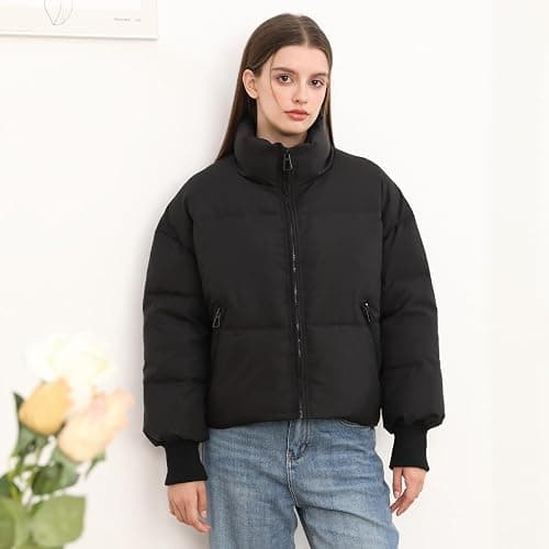 Women’s Winter Cropped Puffer Jacket Coat Casual Quilted Baggy Long Sleeve Zip Down Jackets Outerwear thumbnail 4