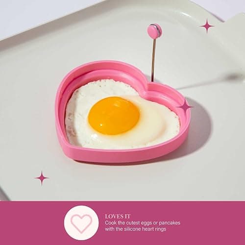 Paris Hilton Breakfast Ceramic Nonstick Cookware Set, Includes Square Griddle, Mini Heart Shaped Fry Pan and Two Silicone Heart Shaped Egg Rings, 4-Piece Set, Pink thumbnail 4