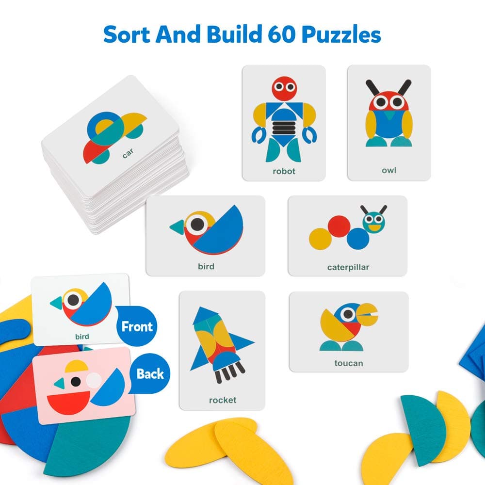 Coogam Wooden Pattern Blocks - Tangram Shape Puzzle Set Color Sorting Stacking Game Wood Animal Jigsaw Preschool Montessori Brain Teaser STEM for 3 4 5 Years Old Toddler Kid (60 Pattern Cards) thumbnail 2