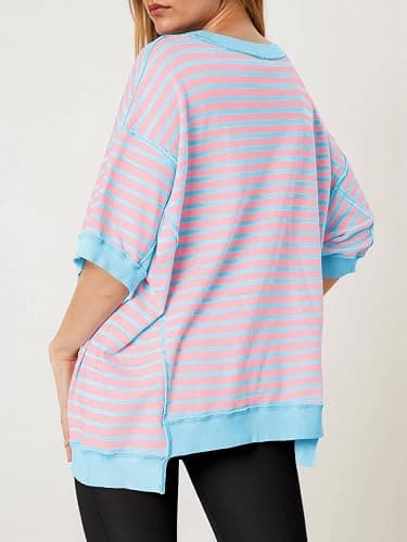 Tankaneo Womens Oversized T Shirts Striped Color Block Cotton Tops Summer Casual Half Sleeve Loose Fit Crewneck Sweatshirts thumbnail 5