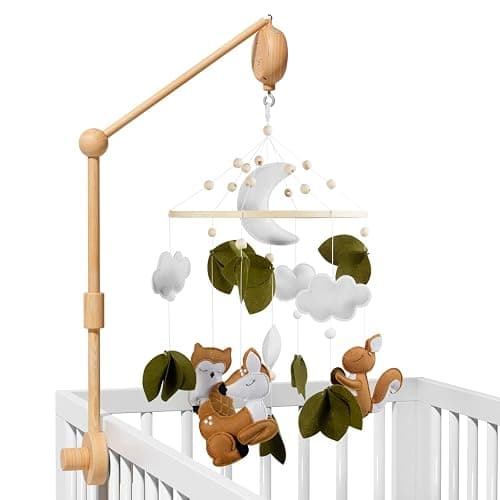 FEISIKE Woodland Animals Theme Bassinet Baby Nursery Mobiles with Modes Digital Music Box 3In1 Set-34 Inch Wooden Mobile Arm for Crib Mobile Hanger for Crib Baby Nursery Decor - Image 1