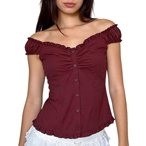 Women Short Sleeve Fitted Blouses Summer Y2k Button Down Shirts Vintage Ruffle Frill Slim Fit Crop Tops Streetwear - Image 1