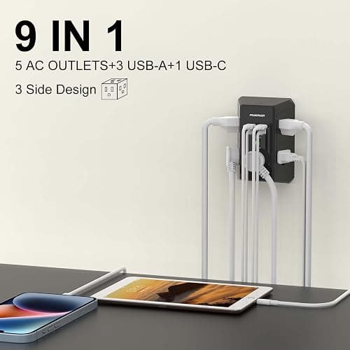 Multi Outlet Extender Surge Protector - POWERIVER Multi Plug Wall Outlet with 5 AC Outlets and 4 USB Ports(2USB C), 1680 Joules, Outlet Splitter for Home School Office, ETL, Black thumbnail 2