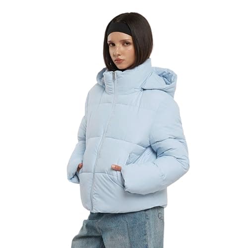 PUFFIT Women's Cropped Puffer Jackets,Warm Winter Jacket with Removable Hood,Zipped Pockets,Short Ladies Quilted Coat - Large - Lilac Blue thumbnail 2