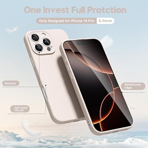 oakxco for iPhone 16 Pro Phone Case Liquid Silicone, Thin Slim Soft Rubber Gel TPU Plain Protective Simple Cover for Women Girl Cute, Matte Solid Color Aesthetic, Beige Stone Cream thumbnail 3